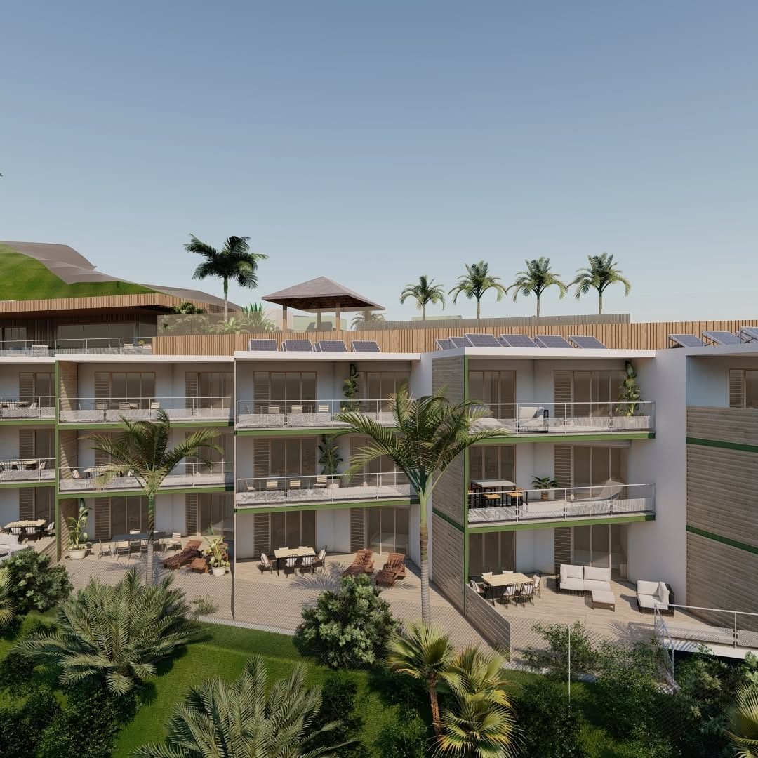 Perspective 3D de la résidence Kinalile, façade et jardin tropical